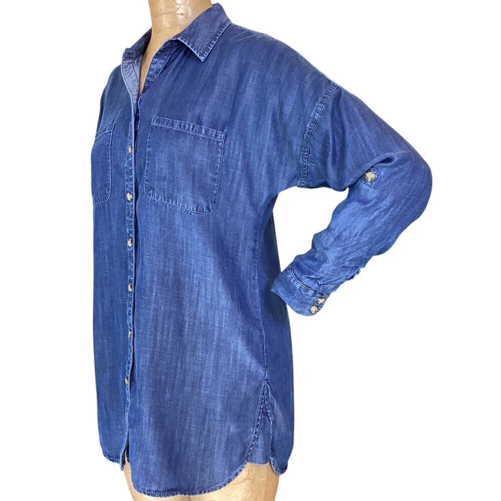 Coldwater Creek Dark‎ Blue Chambray Button-Up Tunic Top Sz S/8 Tencel #321B - Picture 3 of 8